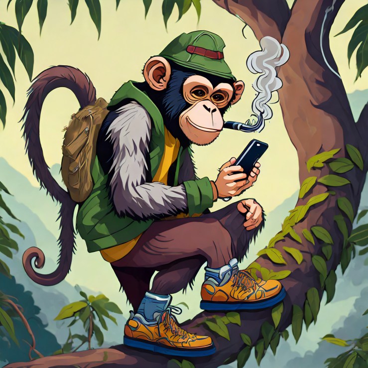 ‘a monkey in a tree wearing trainers and smoking a pipe, looking at her mobile phone,’