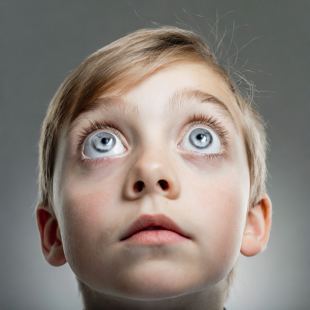 huge face with big white blank eyes with no pupils looking up